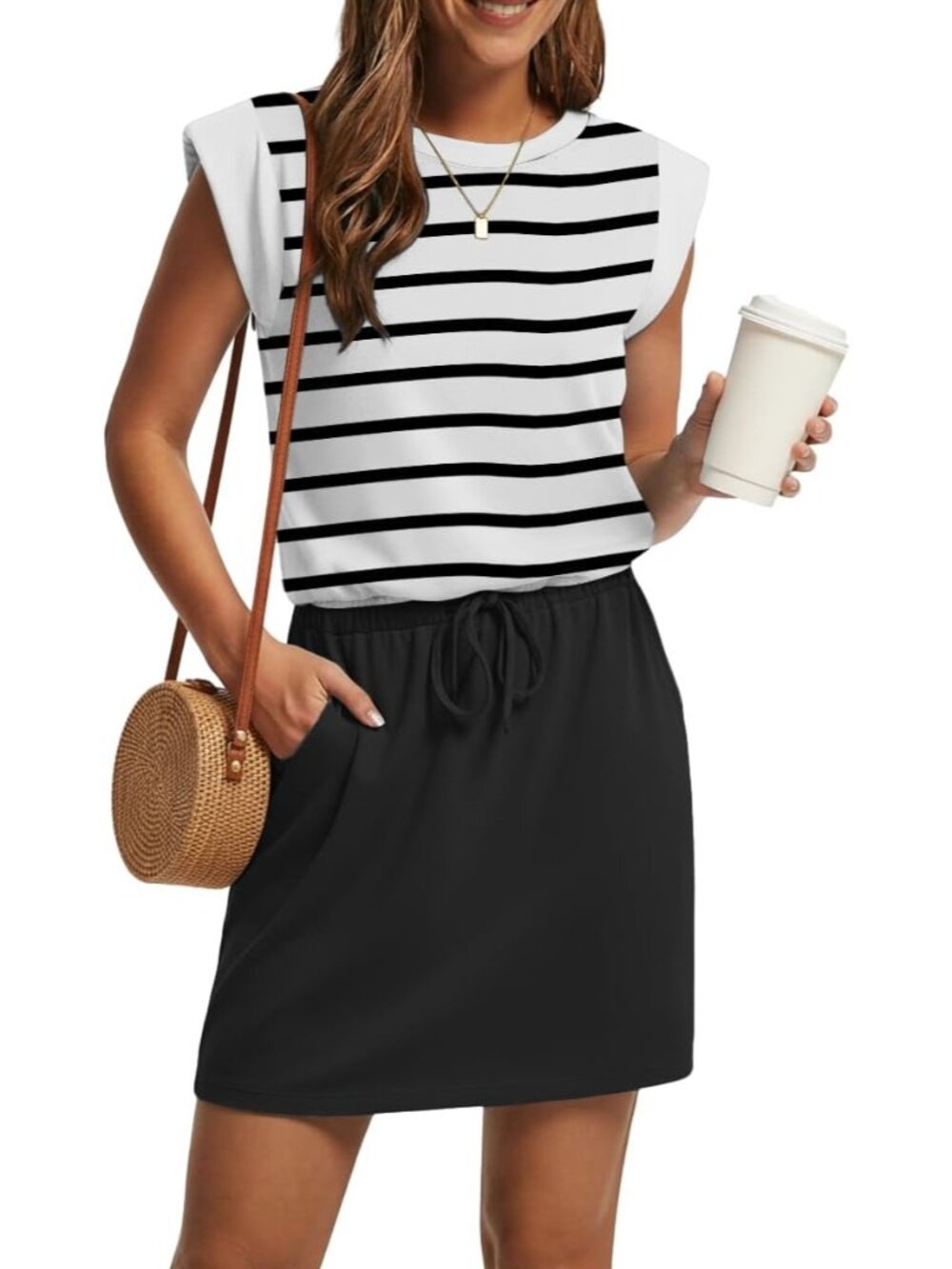 Women's White Black Cap Sleeve Crew Neck Drawstring Waist Mini Beach Dress
